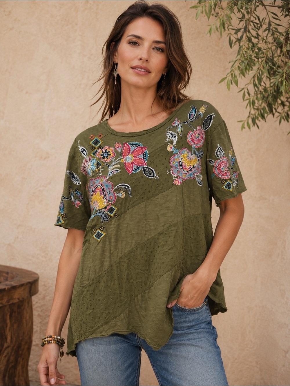 Sundance Embroidered Patchwork Boho Top Olive Green Floral Asymmetrical Hem M